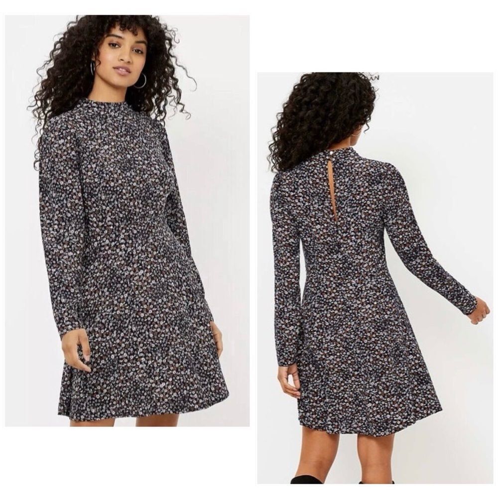 LOFT Long Sleeve Mock Neck Mini Dress in Forever Navy Ditsy Floral